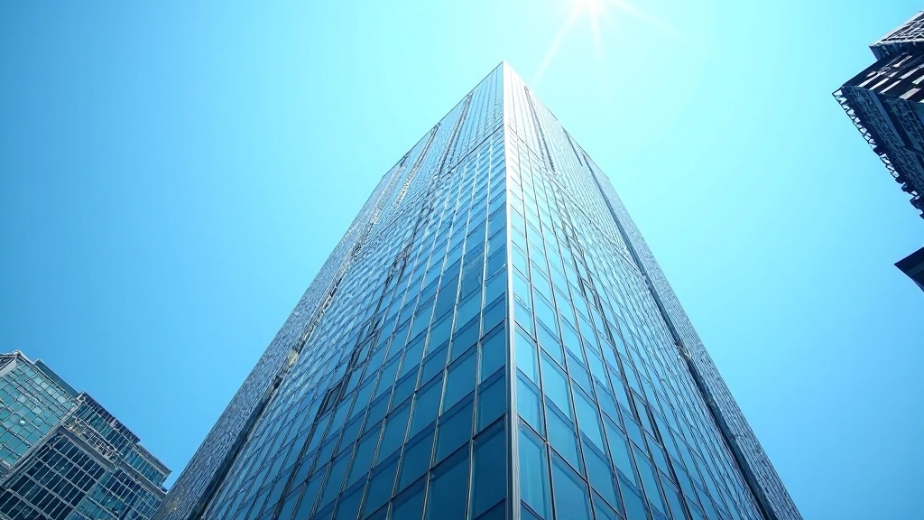 Modern glass and steel building facade photographed from below showing geometric lines and symmetry