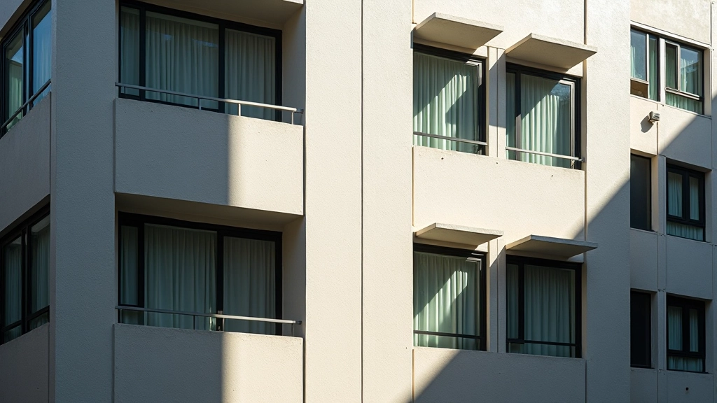 Building corner with geometric shadows cast by window frames creating strong diagonal patterns
