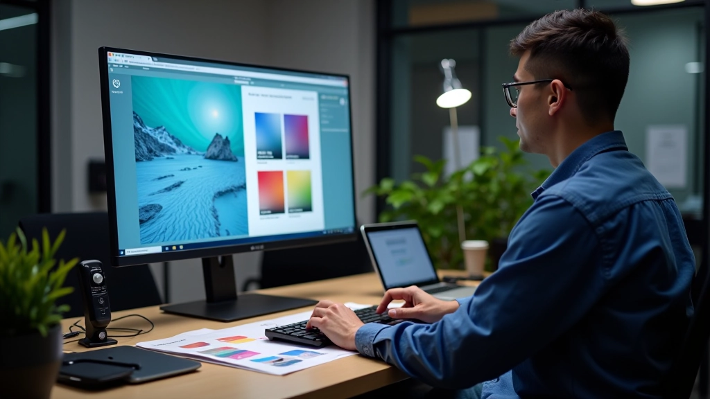 Calibrated monitor display with color checker chart and spectrophotometer device used for color profile verification and ICC profile creation