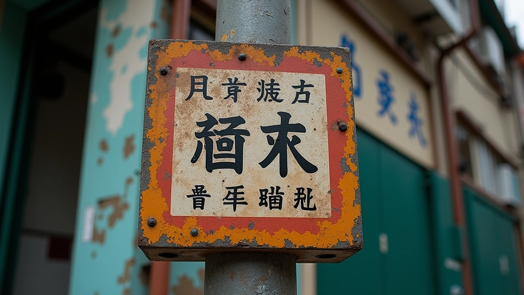 Close-up detail of weathered Hong Kong street sign and old building facade with faded colours