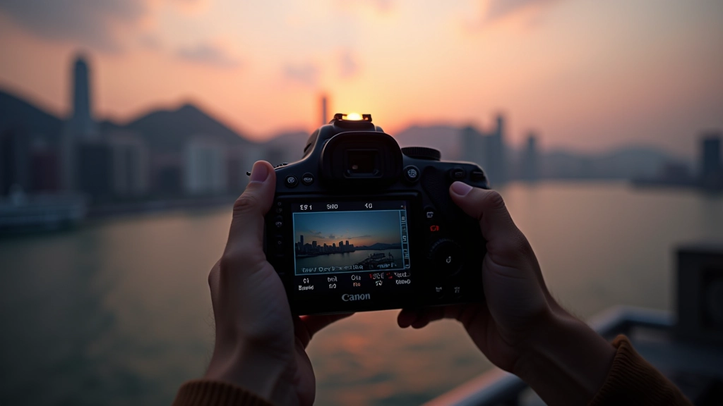 Camera viewfinder showing Victoria Harbour with proper exposure metering on sky, reflected light creating shimmer patterns on water