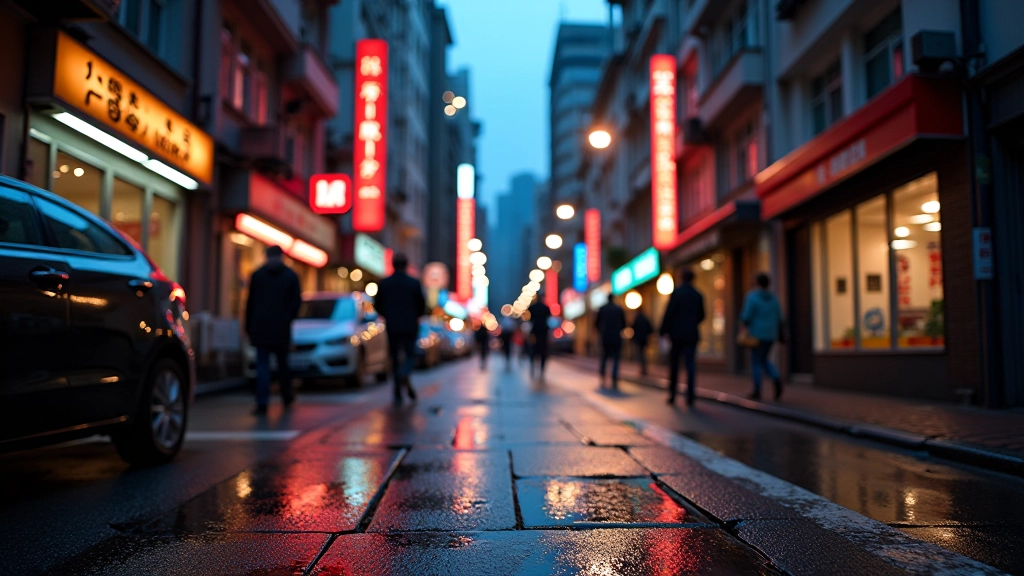 Hong Kong street scene with wet pavement reflecting building facades and neon signs at dusk