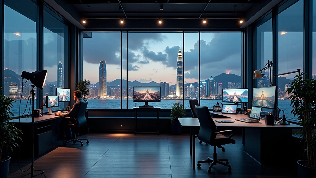 Professional photography studio workspace with advanced equipment and Hong Kong city views