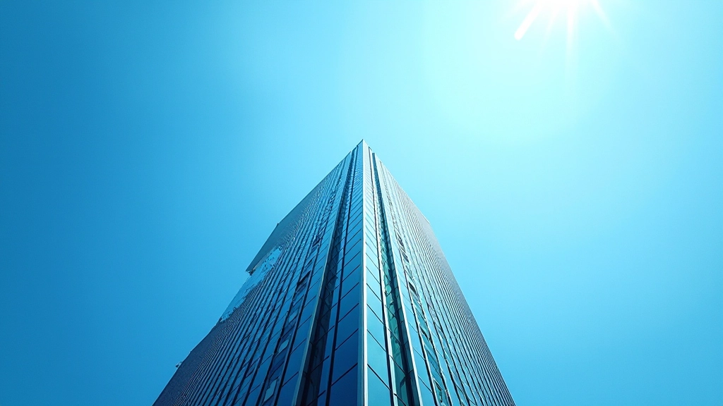 Low angle shot of modern skyscraper showing converging vertical lines and glass facade reflecting blue sky