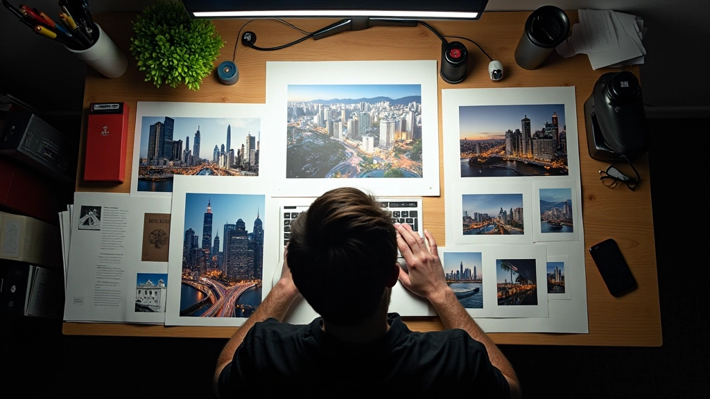 Detailed photography workspace with prints and color-calibrated editing setup