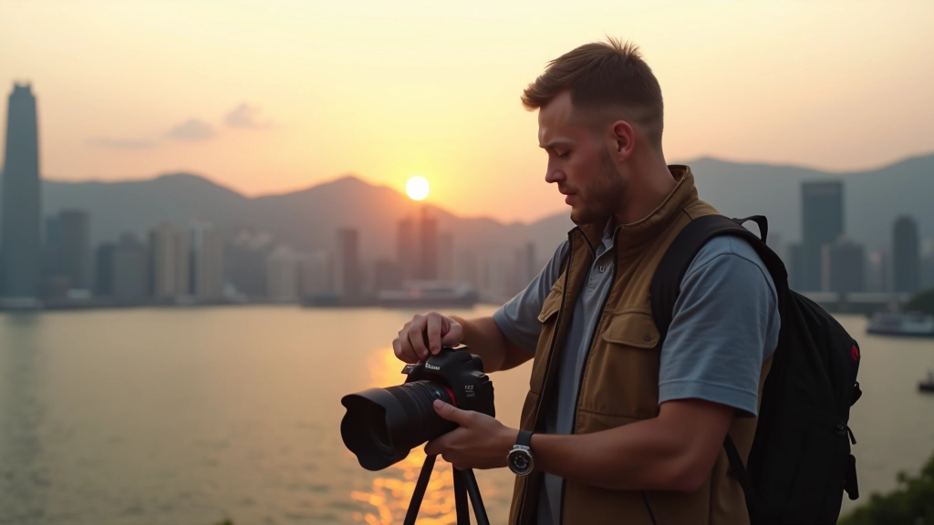 Photographer adjusting white balance settings on camera with harbour water reflections and golden hour light in background