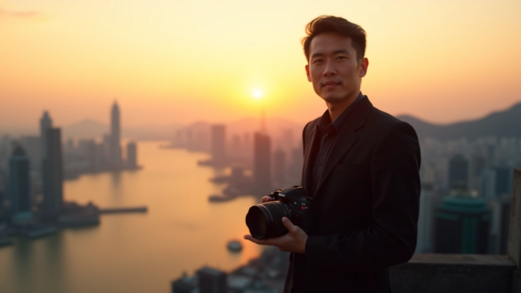 Professional photographer with camera overlooking Victoria Harbour with Hong Kong skyline at golden hour