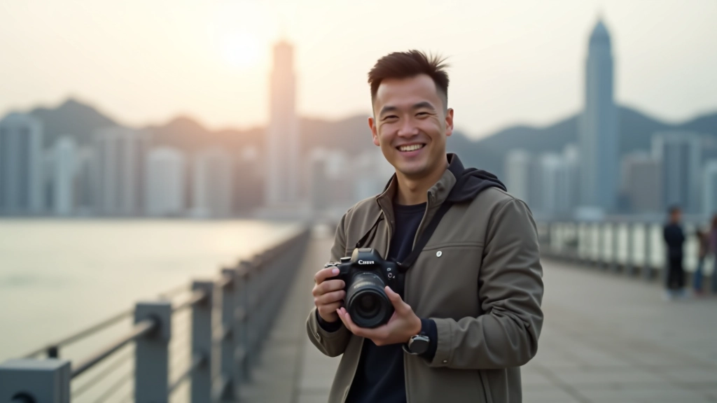 Professional photographer holding camera on Victoria Harbour with Hong Kong skyline behind