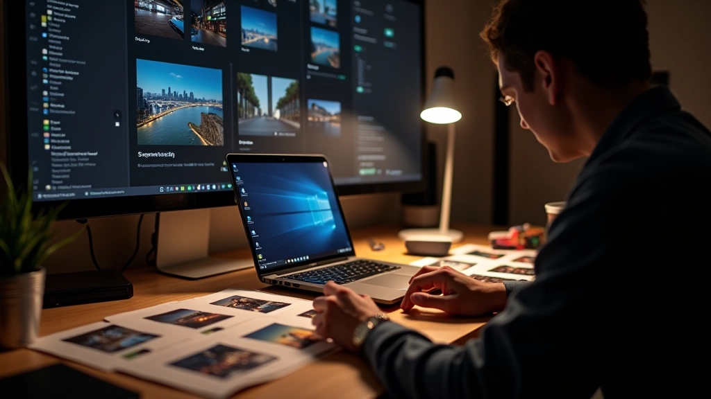 Photography editing workspace with laptop and calibrated monitor, photographs printed on desk, warm studio lighting, professional editing setup