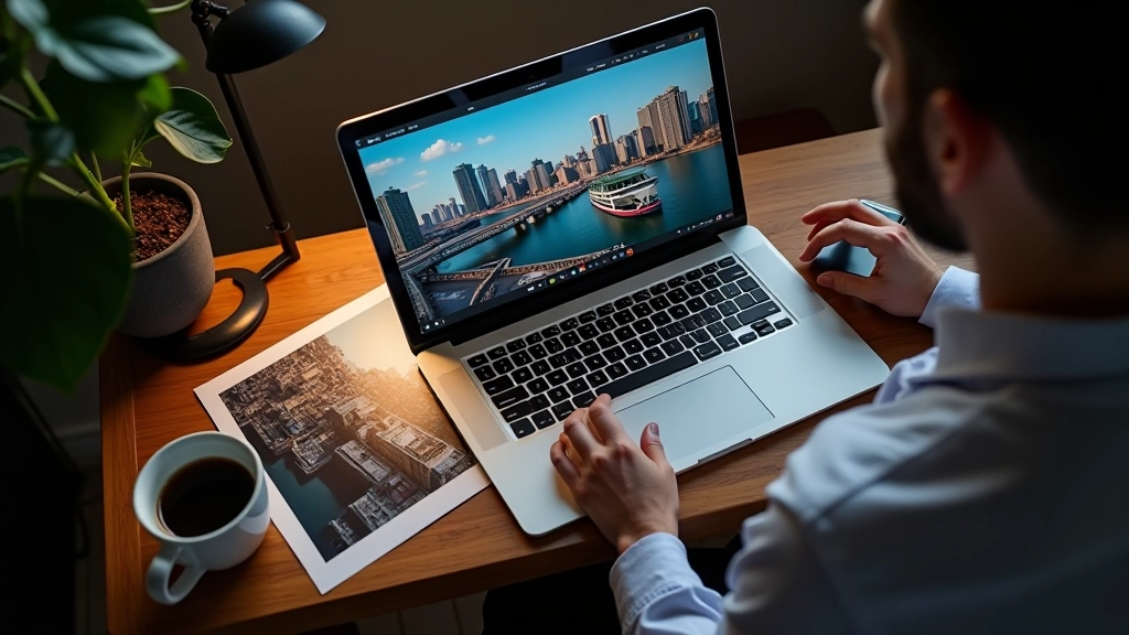 Photographer workspace with laptop and printed images, editing setup, portfolio review materials on desk