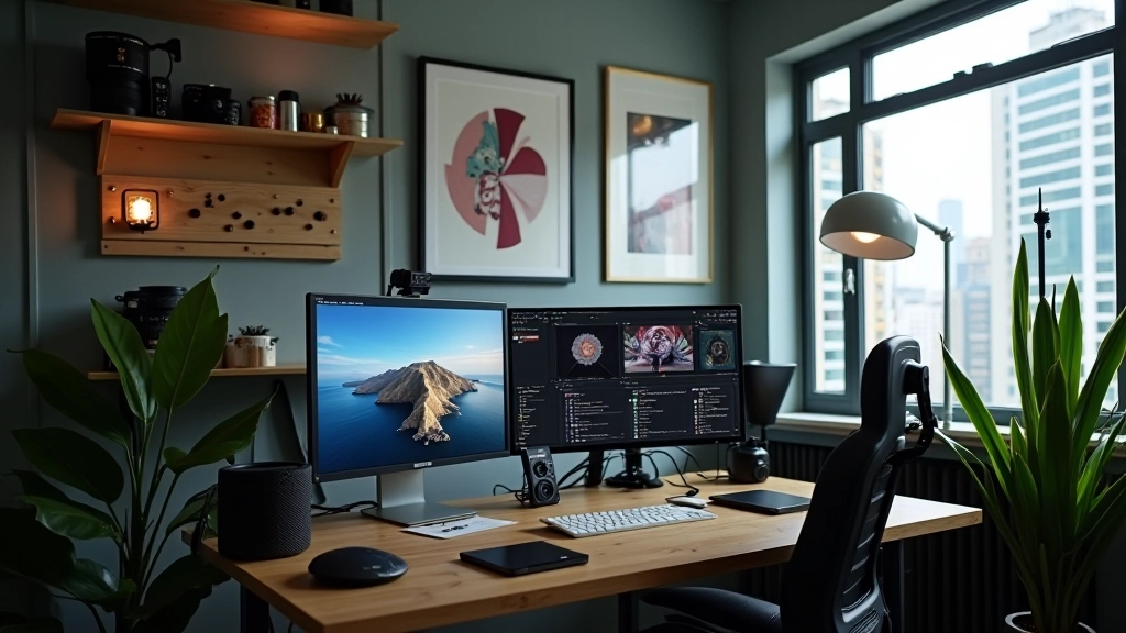 Modern minimalist photography studio workspace with professional editing setup and camera equipment on clean desk