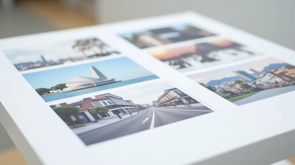 Printed photograph samples displayed side by side showing different sharpening levels and color accuracy, professional print proofs on white background