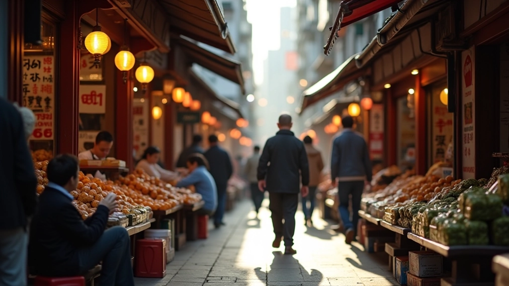 Crowded Hong Kong street market with vendors and shoppers, warm afternoon light, busy pedestrian zone with traditional signage, authentic street scene