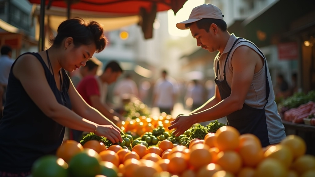 Street vendor arranging fresh produce in market stall, morning light, warm interactions between vendor and customers, authentic street commerce