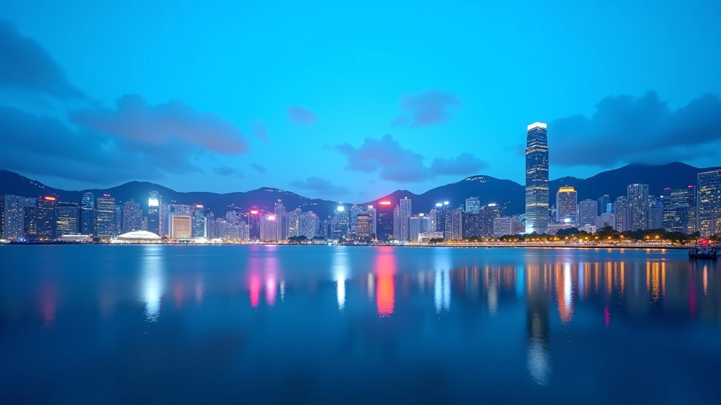 Victoria Harbour with buildings reflected in calm water during blue hour, lights reflecting in symmetrical patterns